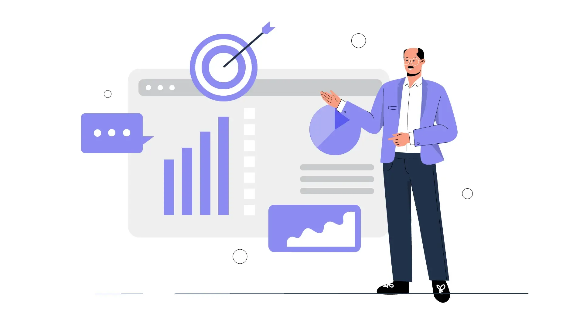 Business Success Targets Vector Illustration of Man Presenting Growth Objectives in 2D